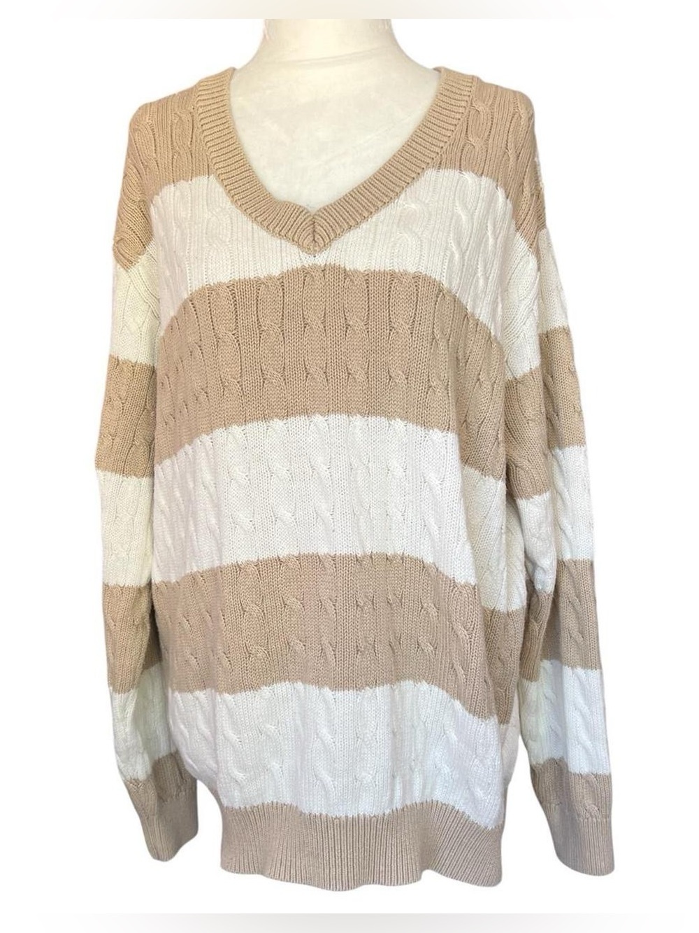 Brandy Melville Striped Cable Knit V-Neck Sweater Tan